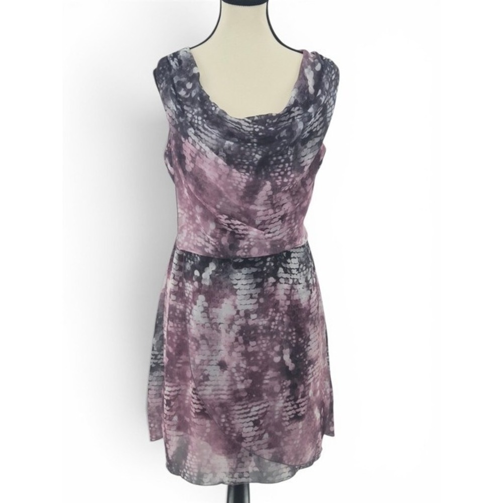 Mauve Grey Abstract Chiffon Midi Dress L Tie-Waist Lined Cocktail Wedding Party